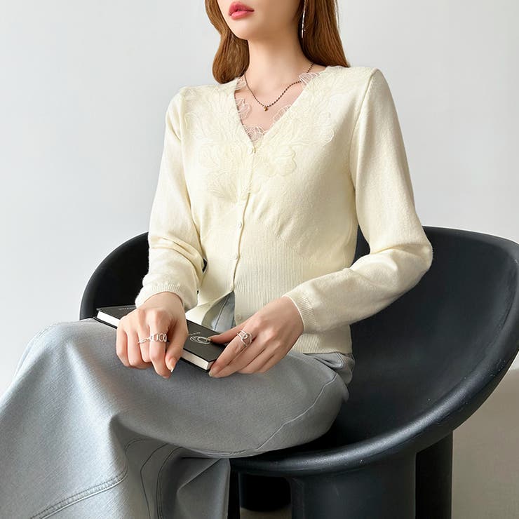 華やかレースで品よく彩る。レースネックカーディガン レース襟 カーディガン | COCOMOMO | 詳細画像19 