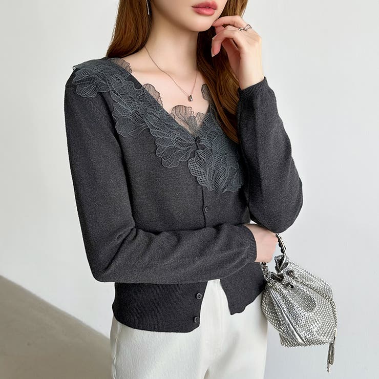 華やかレースで品よく彩る。レースネックカーディガン レース襟 カーディガン | COCOMOMO | 詳細画像4 