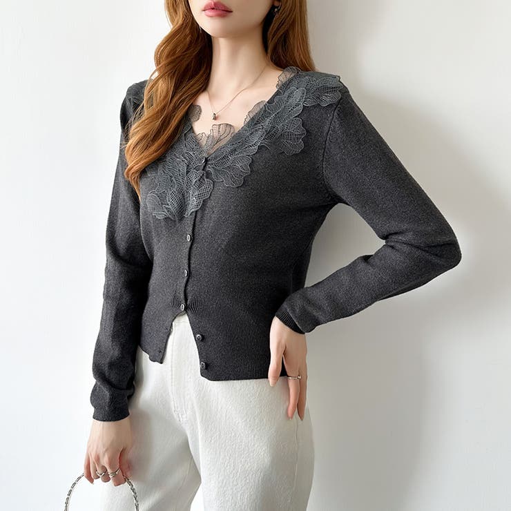 華やかレースで品よく彩る。レースネックカーディガン レース襟 カーディガン | COCOMOMO | 詳細画像6 