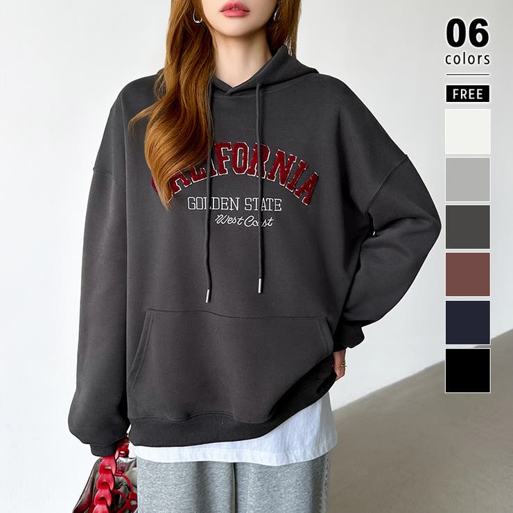 ダークグレー | 着るだけで今っぽい、デイリーに使えるカレッジロゴパーカー オーバーサイズ パーカー | COCOMOMO