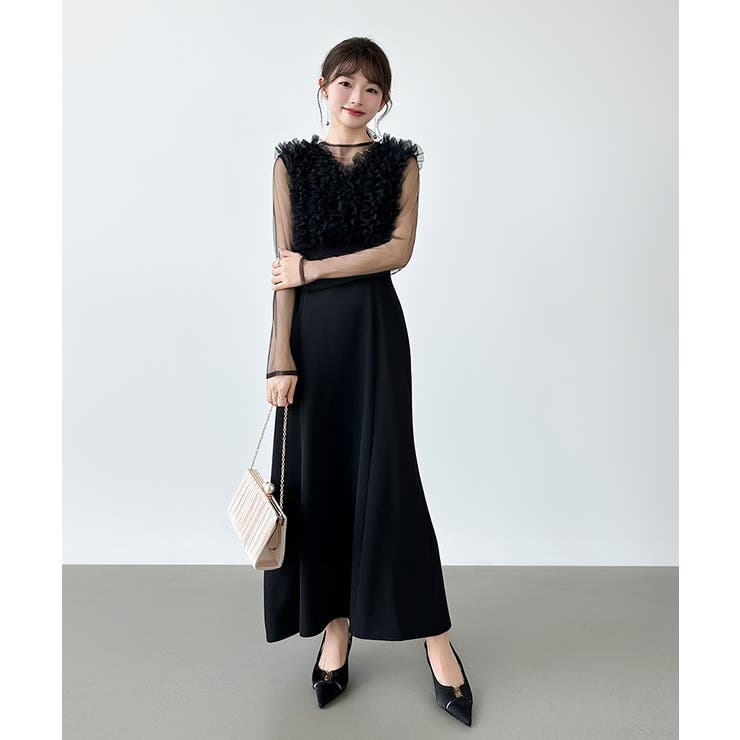 シアー×チュールの3点セットドレス パーティードレス 結婚式[品番