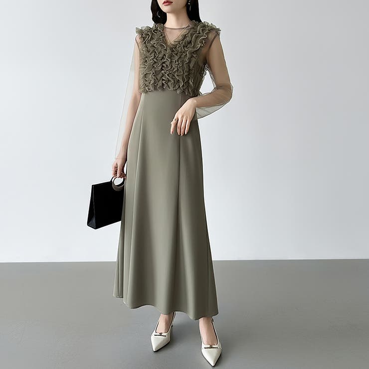 シアー×チュールの3点セットドレス パーティードレス 結婚式[品番