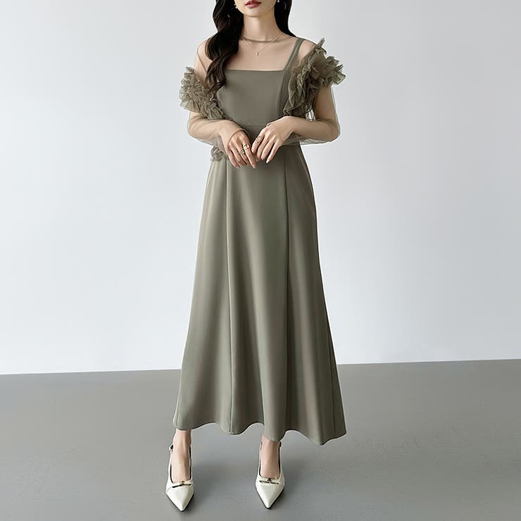 シアー×チュールの3点セットドレス パーティードレス 結婚式[品番