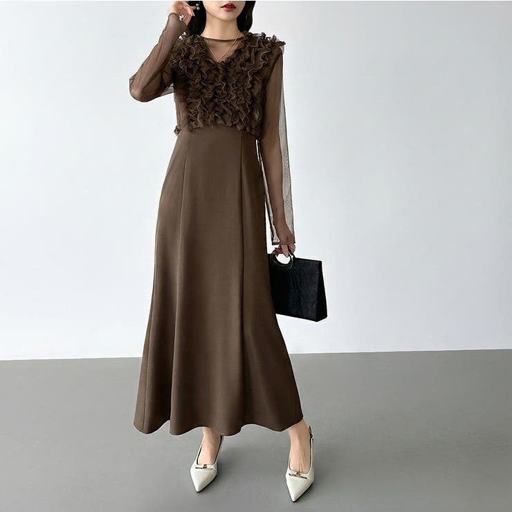 シアー×チュールの3点セットドレス パーティードレス 結婚式[品番