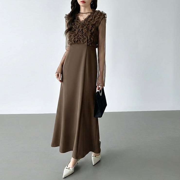 シアー×チュールの3点セットドレス パーティードレス 結婚式[品番