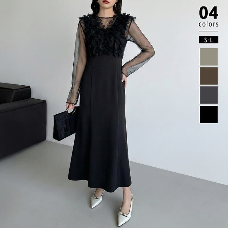 ブラック | シアー×チュールの3点セットドレス パーティードレス 結婚式 | COCOMOMO