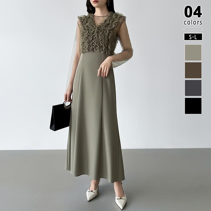 カーキ | シアー×チュールの3点セットドレス パーティードレス 結婚式 | COCOMOMO