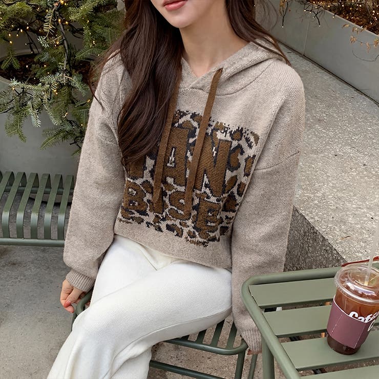 ロゴジャガードニットパーカー ロゴパーカー レオパード柄 | COCOMOMO | 詳細画像13 