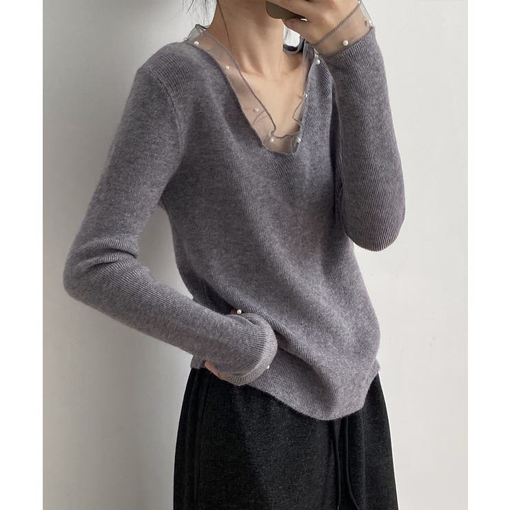 パールチュールvネックトップス レースニット vネックニット | COCOMOMO | 詳細画像9 