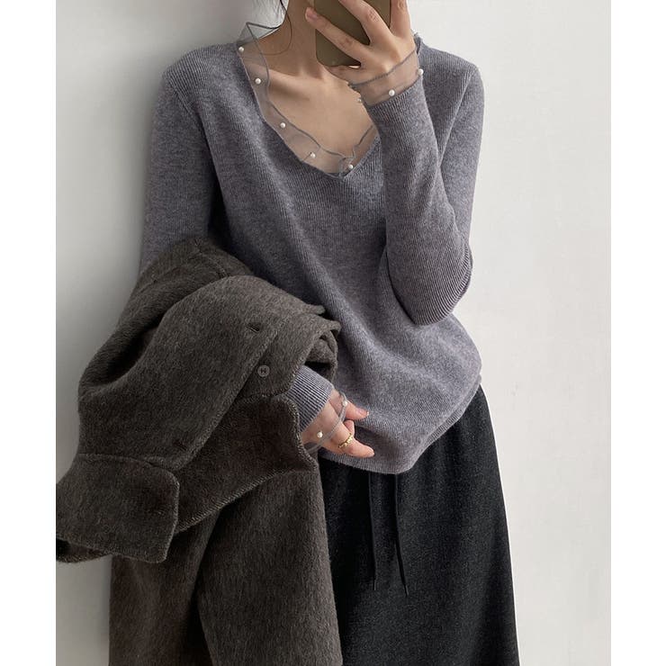 パールチュールvネックトップス レースニット vネックニット | COCOMOMO | 詳細画像10 