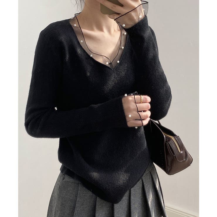 パールチュールvネックトップス レースニット vネックニット | COCOMOMO | 詳細画像12 