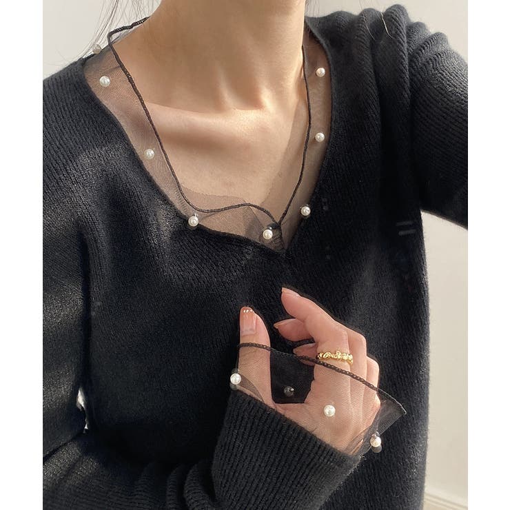 パールチュールvネックトップス レースニット vネックニット | COCOMOMO | 詳細画像13 