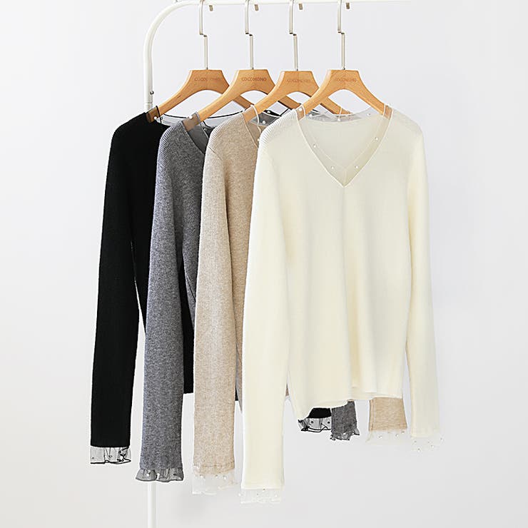 パールチュールvネックトップス レースニット vネックニット | COCOMOMO | 詳細画像15 