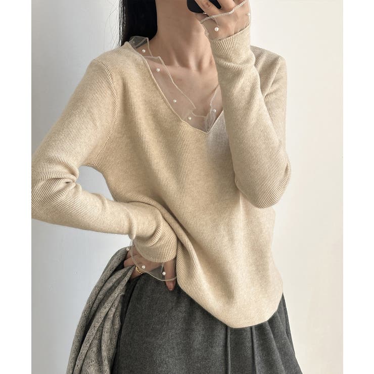 パールチュールvネックトップス レースニット vネックニット | COCOMOMO | 詳細画像4 