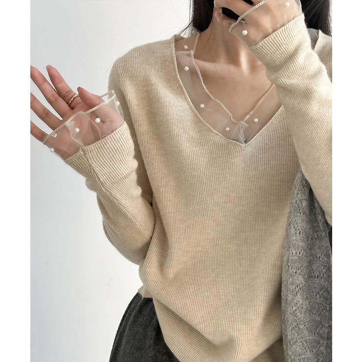 パールチュールvネックトップス レースニット vネックニット | COCOMOMO | 詳細画像7 