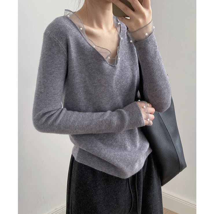 パールチュールvネックトップス レースニット vネックニット | COCOMOMO | 詳細画像8 