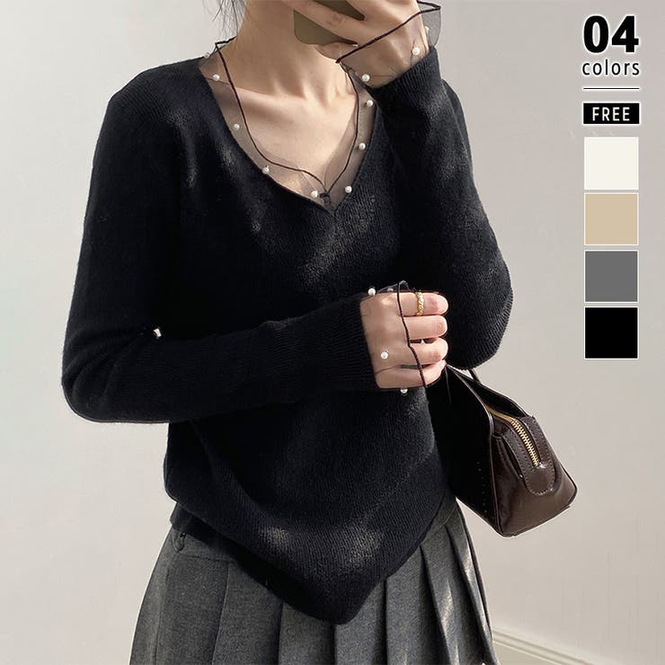 ブラック | パールチュールvネックトップス レースニット vネックニット | COCOMOMO