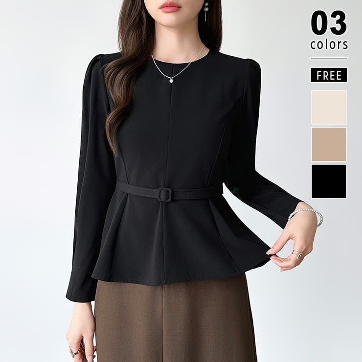 ブラック | ベルト付きペプラムブラウス ブラウス ペプラムトップス | COCOMOMO