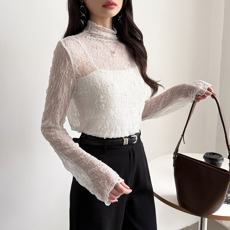 透け感を味方にする、レースシアートップス シアー ハイネック | COCOMOMO | 詳細画像10 