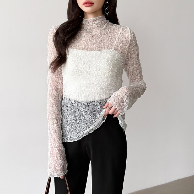 透け感を味方にする、レースシアートップス シアー ハイネック | COCOMOMO | 詳細画像2 