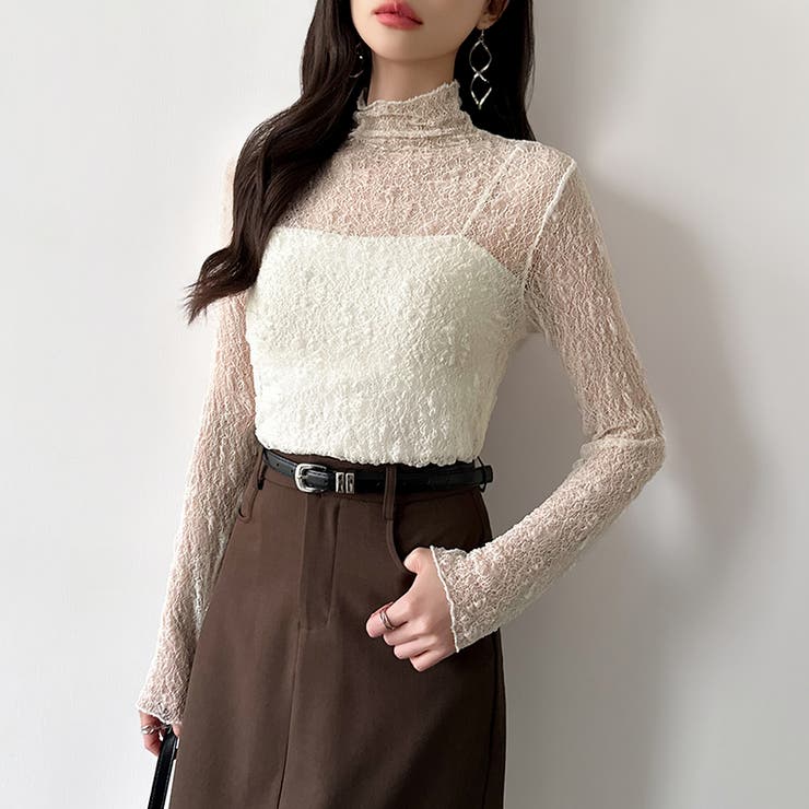 透け感を味方にする、レースシアートップス シアー ハイネック | COCOMOMO | 詳細画像22 