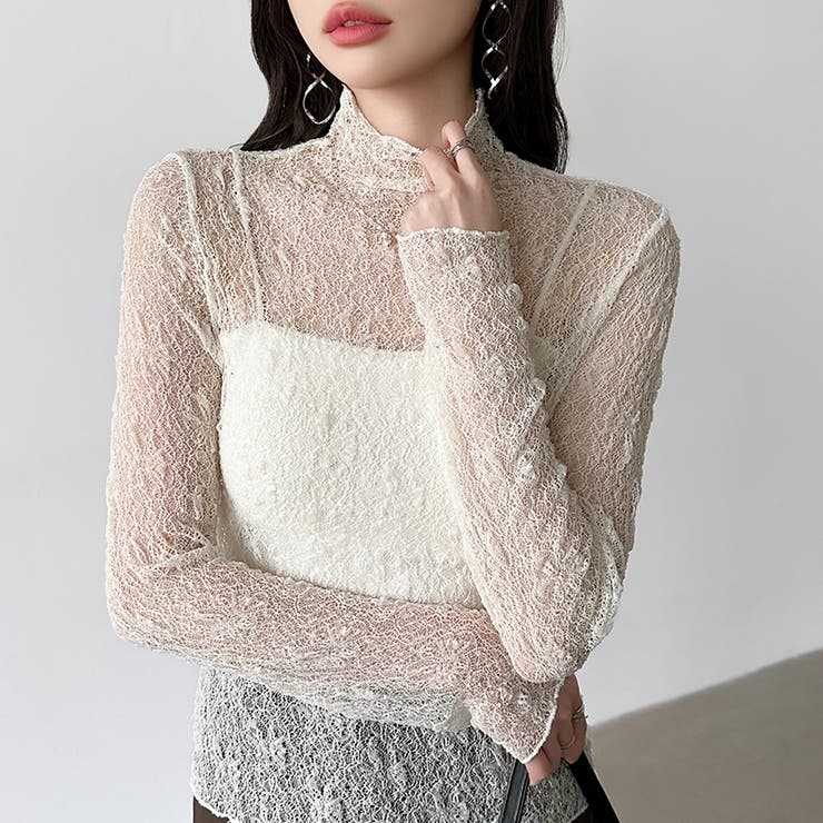 透け感を味方にする、レースシアートップス シアー ハイネック | COCOMOMO | 詳細画像24 