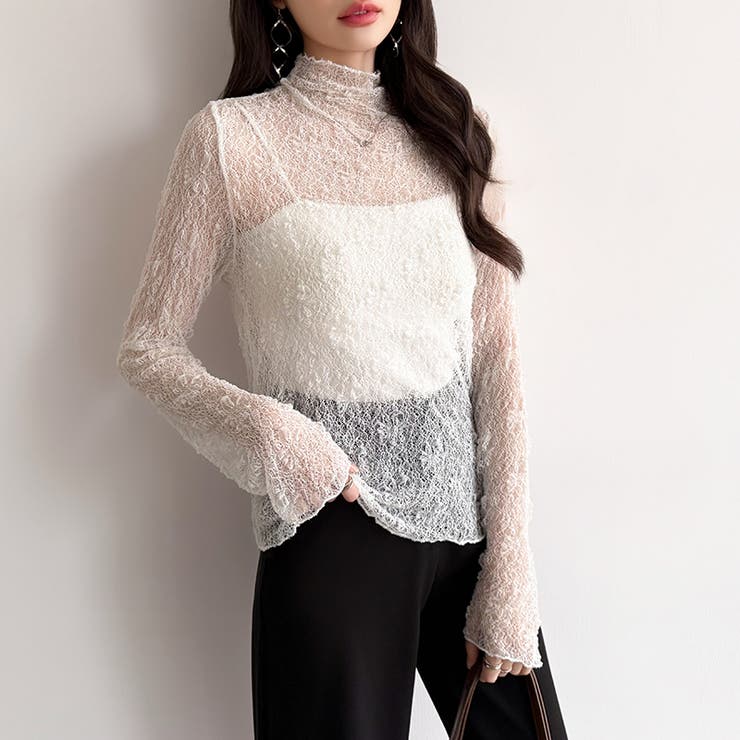 透け感を味方にする、レースシアートップス シアー ハイネック | COCOMOMO | 詳細画像3 