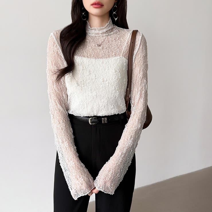 透け感を味方にする、レースシアートップス シアー ハイネック | COCOMOMO | 詳細画像4 