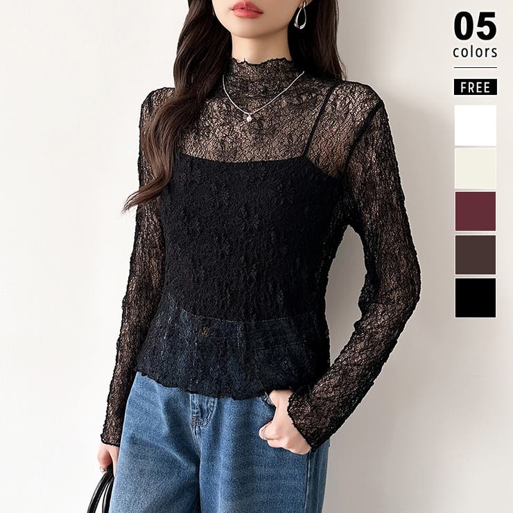 ブラック | 透け感を味方にする、レースシアートップス シアー ハイネック | COCOMOMO