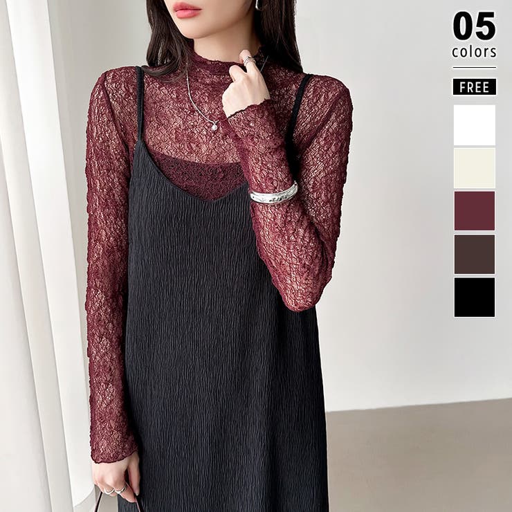 レッド | 透け感を味方にする、レースシアートップス シアー ハイネック | COCOMOMO