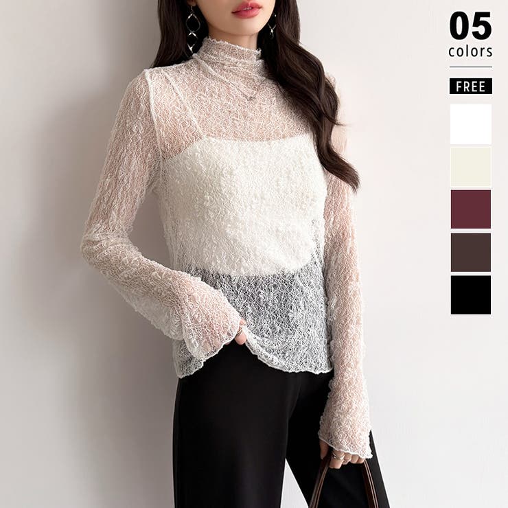 ホワイト | 透け感を味方にする、レースシアートップス シアー ハイネック | COCOMOMO