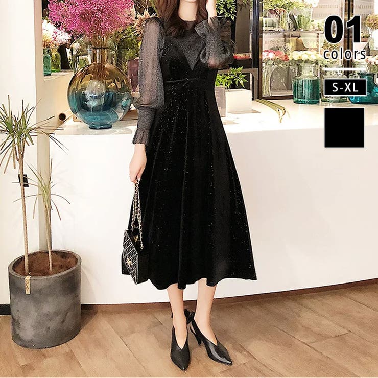 ブラック | ラメシアーセットアップベロアドレス パーティードレス ベロアワンピース | COCOMOMO