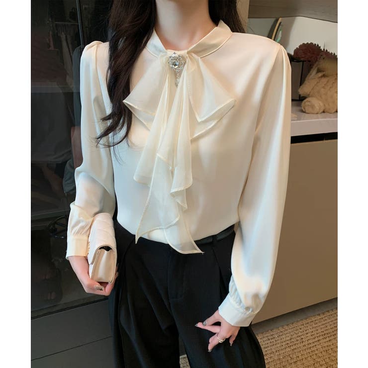 1枚で華やぐビジュー付きブラウス フリルブラウス ボウタイ | COCOMOMO | 詳細画像4 