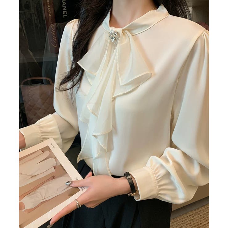 1枚で華やぐビジュー付きブラウス フリルブラウス ボウタイ | COCOMOMO | 詳細画像5 