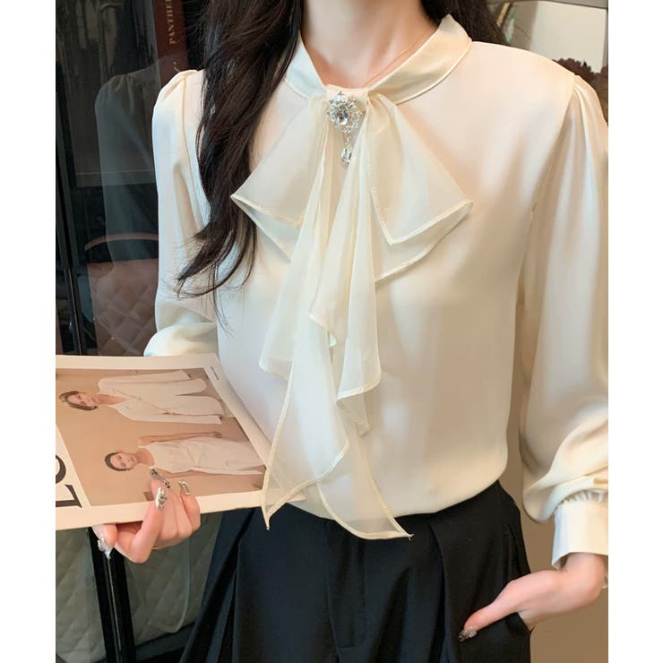 1枚で華やぐビジュー付きブラウス フリルブラウス ボウタイ | COCOMOMO | 詳細画像7 