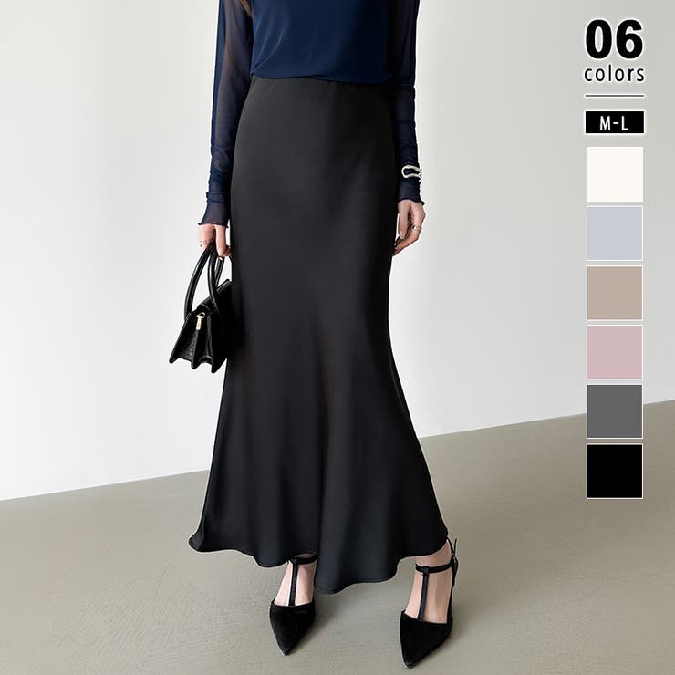 ブラック | 艶と落ち感でオンオフ映える。サテンマーメイドスカート サテンスカート マーメイド… | COCOMOMO