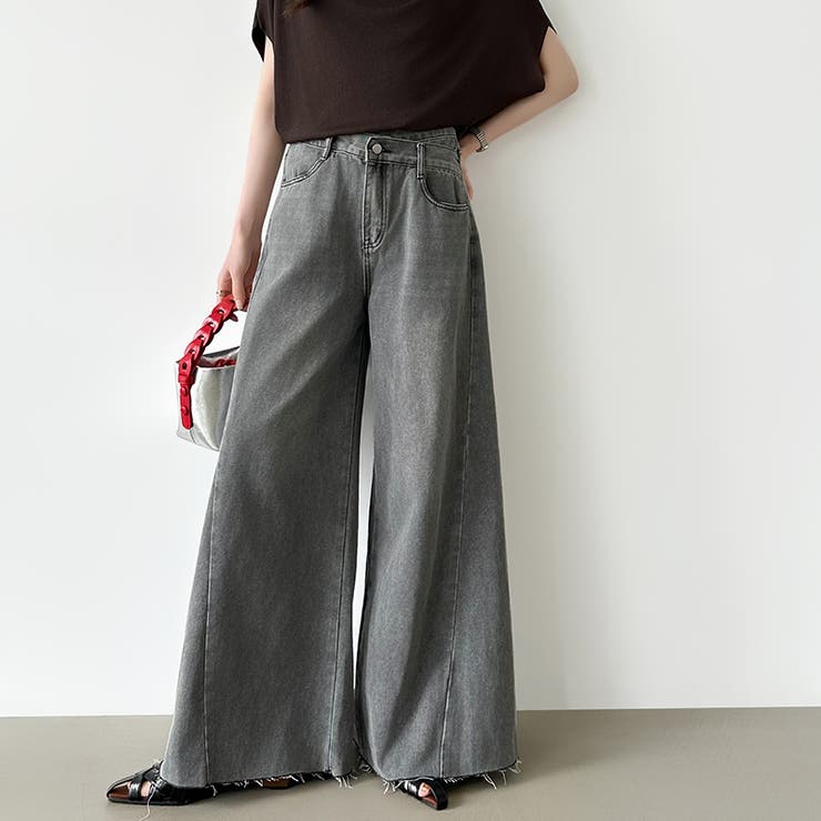 穿くだけで今っぽい、クロスウエストワイドデニム デニムパンツ フリンジ | COCOMOMO | 詳細画像2 