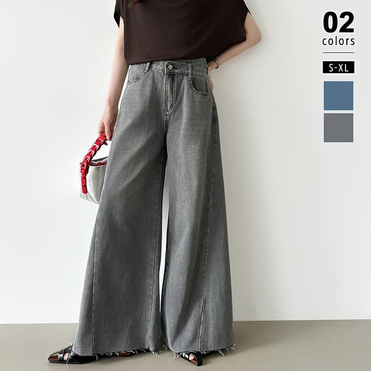 グレー | 穿くだけで今っぽい、クロスウエストワイドデニム デニムパンツ フリンジ | COCOMOMO