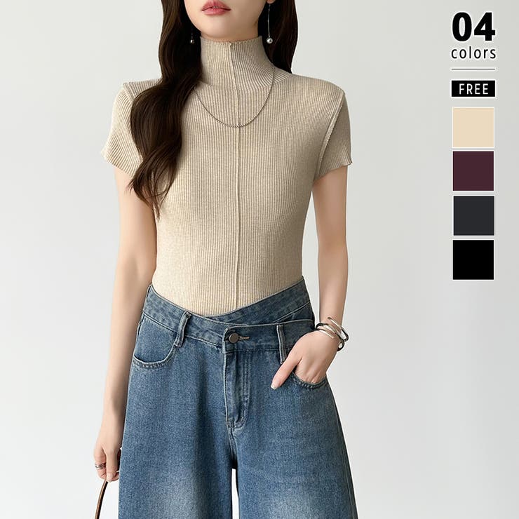 アイボリー | 品よくきれいめハイネックサマーニット 半袖ニット サマーニット | COCOMOMO