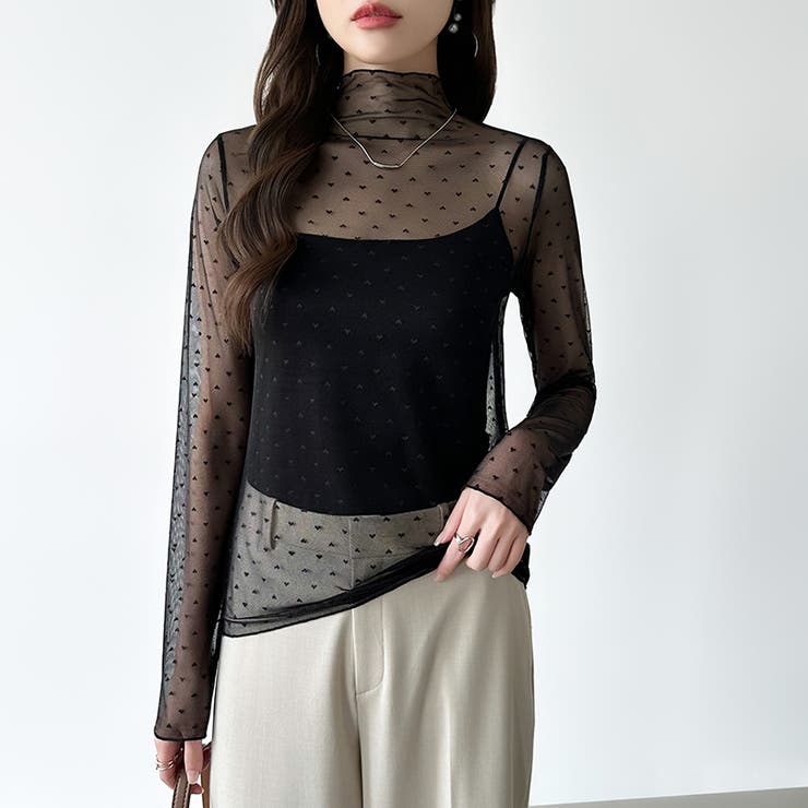 一枚でも重ねても。甘すぎないハート柄シアートップス シアー ハイネック | COCOMOMO | 詳細画像2 