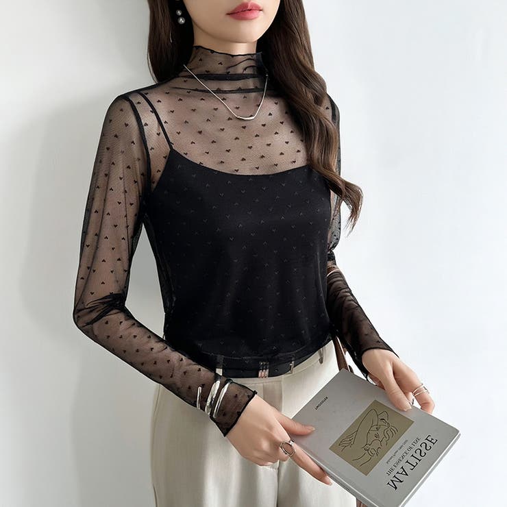 一枚でも重ねても。甘すぎないハート柄シアートップス シアー ハイネック | COCOMOMO | 詳細画像3 