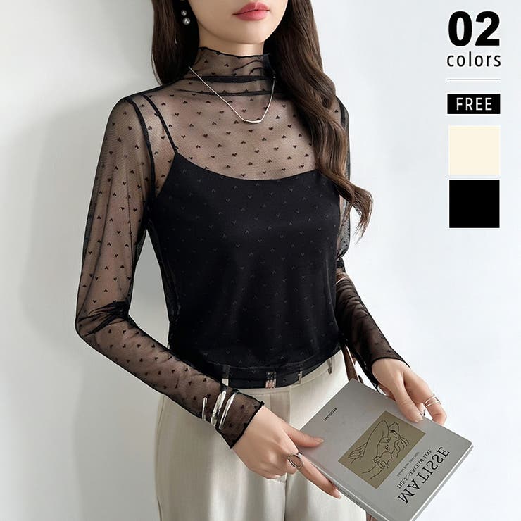 ブラック | 一枚でも重ねても。甘すぎないハート柄シアートップス シアー ハイネック | COCOMOMO