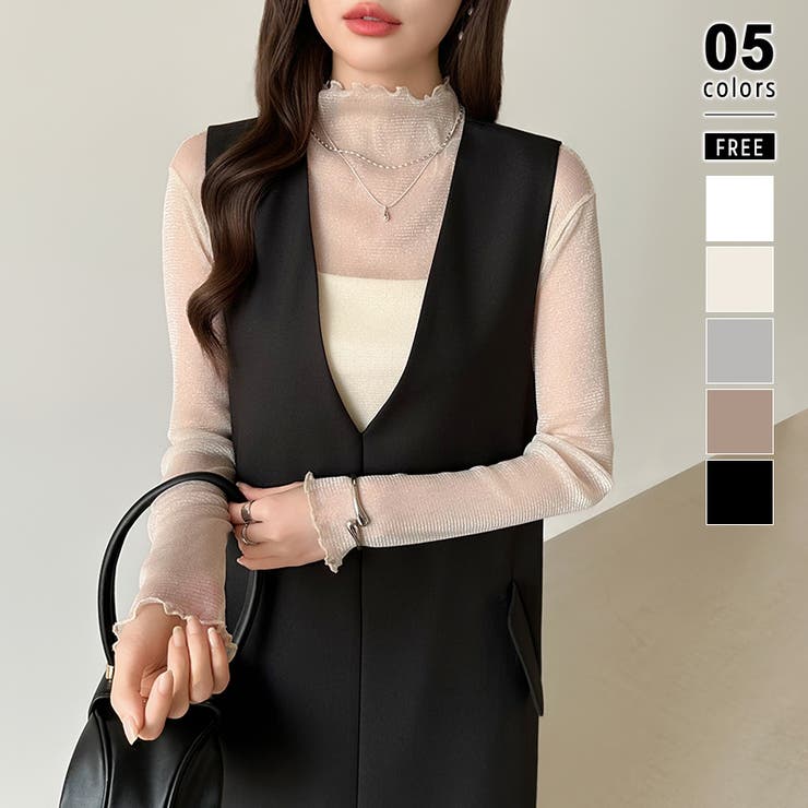 ベージュ | 上品な大人のきらめきラメシアートップス ハイネック シアー | COCOMOMO