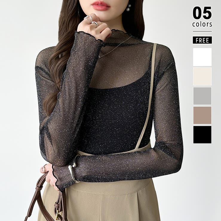 ブラック | 上品な大人のきらめきラメシアートップス ハイネック シアー | COCOMOMO