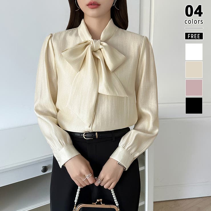 ベージュ | 上品艶サテンのリボンブラウス ボウタイ ブラウス | COCOMOMO