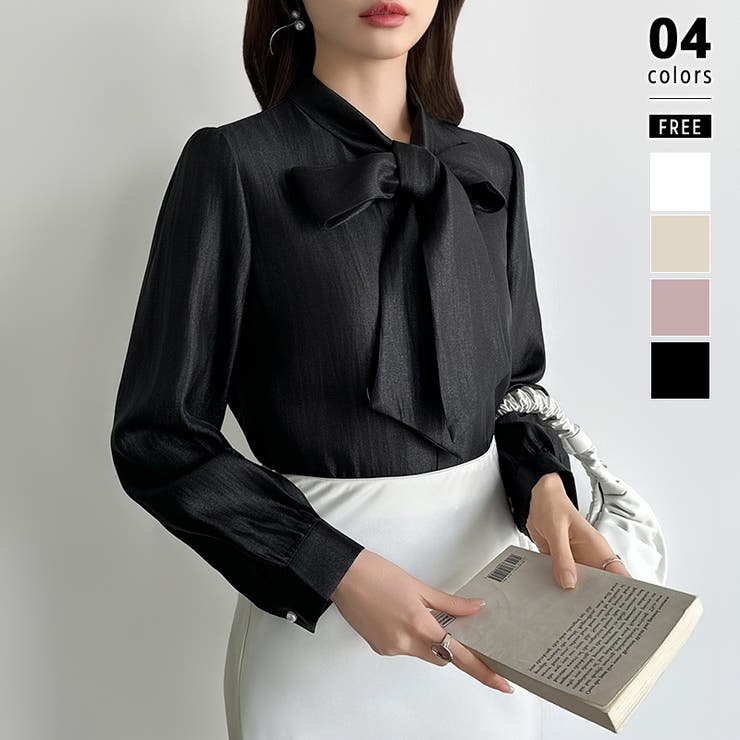 ブラック | 上品艶サテンのリボンブラウス ボウタイ ブラウス | COCOMOMO