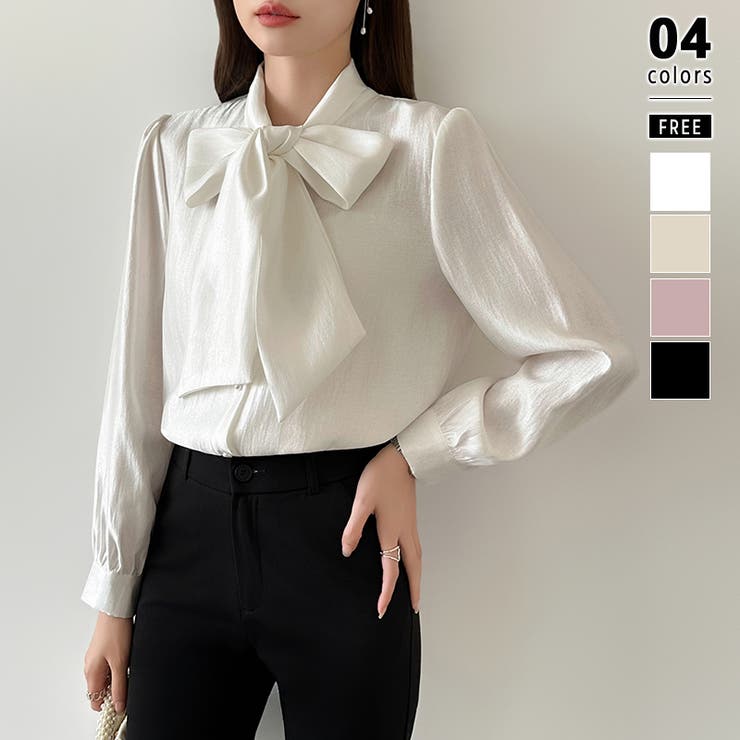 ホワイト | 上品艶サテンのリボンブラウス ボウタイ ブラウス | COCOMOMO