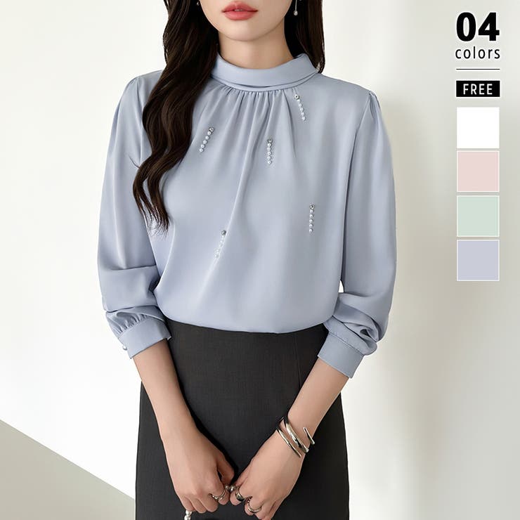 ブルー | 一枚で、きちんと華やか。パールビジュー付きブラウス ブラウス フォーマル | COCOMOMO