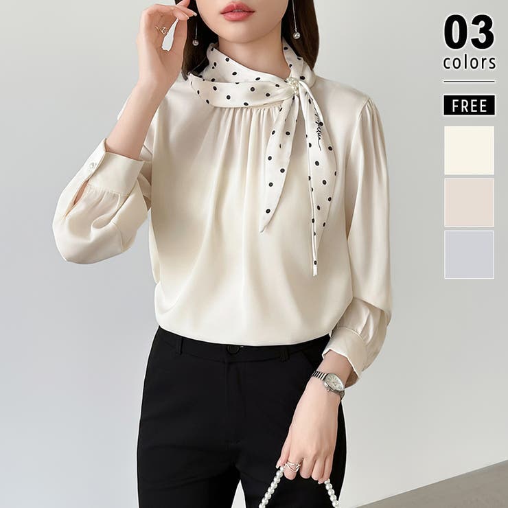 ベージュ | 一枚で華やぐ、好印象ブラウス リボンブラウス スカーフ | COCOMOMO