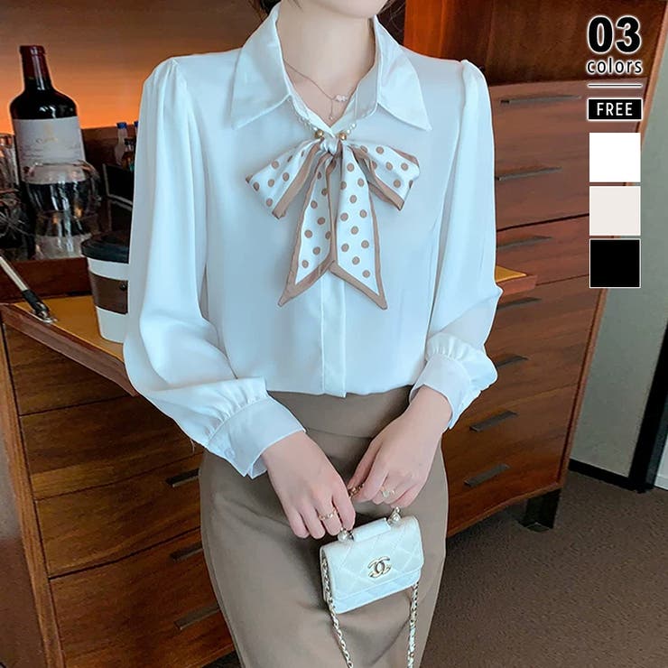ホワイト | ボウタイブラウス リボンブラウス シャツ | COCOMOMO